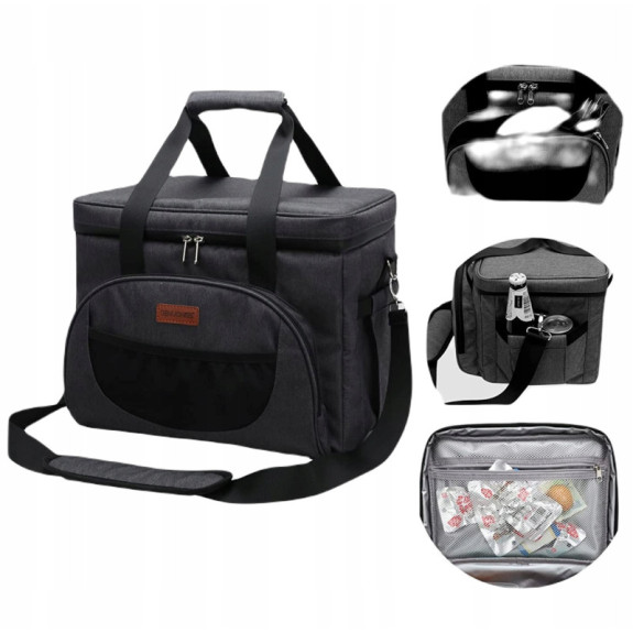 Czarna Torba Termiczna na Jedzenie 28L - Termoizolacyjna z Kieszeniami