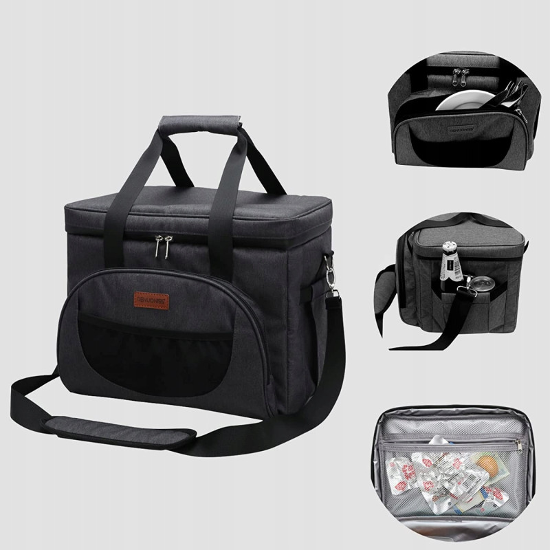 Czarna Torba Termiczna na Jedzenie 28L - Termoizolacyjna z Kieszeniami