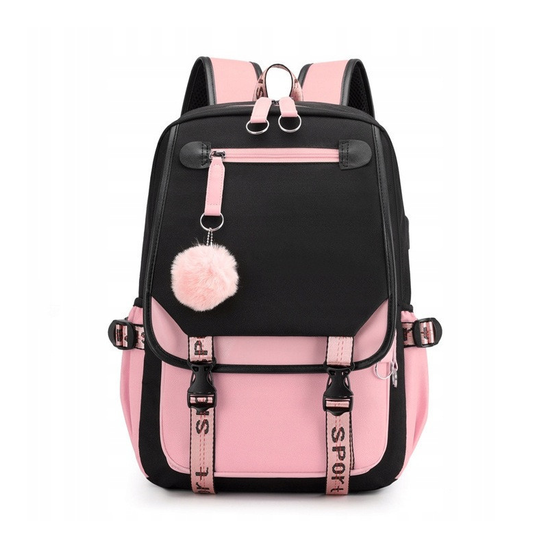 Szkolny Plecak dla Dziewczynki USB Różowo Czarny - 🎒Plecakownia.pl