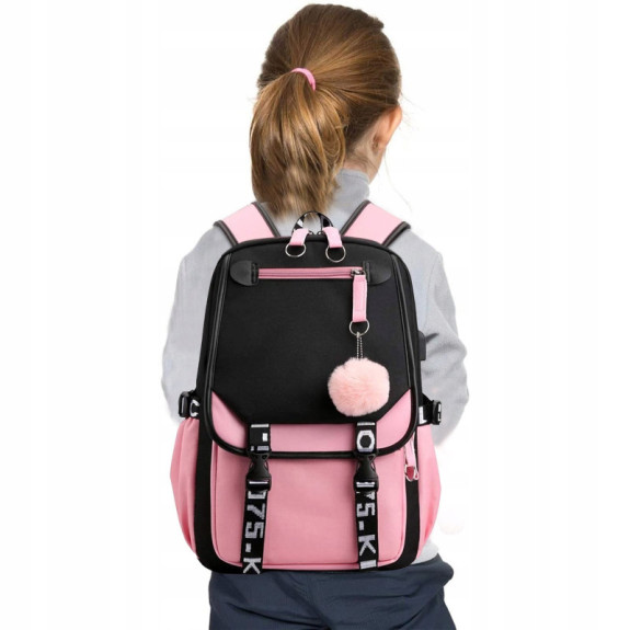 Szkolny Plecak dla Dziewczynki USB Różowo Czarny - 🎒Plecakownia.pl