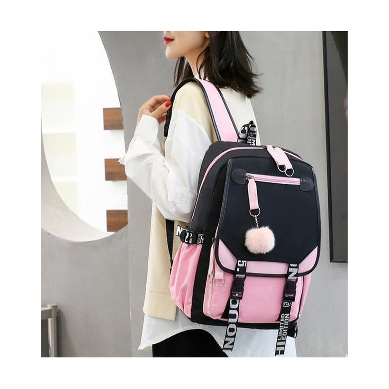 Szkolny Plecak dla Dziewczynki USB Różowo Czarny - 🎒Plecakownia.pl