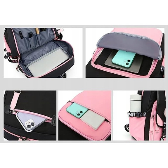 Szkolny Plecak dla Dziewczynki USB Różowo Czarny - 🎒Plecakownia.pl