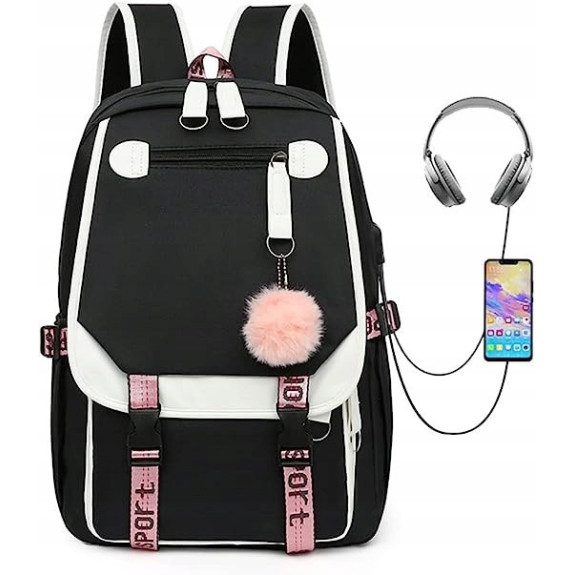 Szkolny Plecak dla Dziewczynki USB Biało-Czarny - 🎒Plecakownia.pl