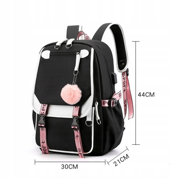 Szkolny Plecak dla Dziewczynki USB Biało-Czarny - 🎒Plecakownia.pl