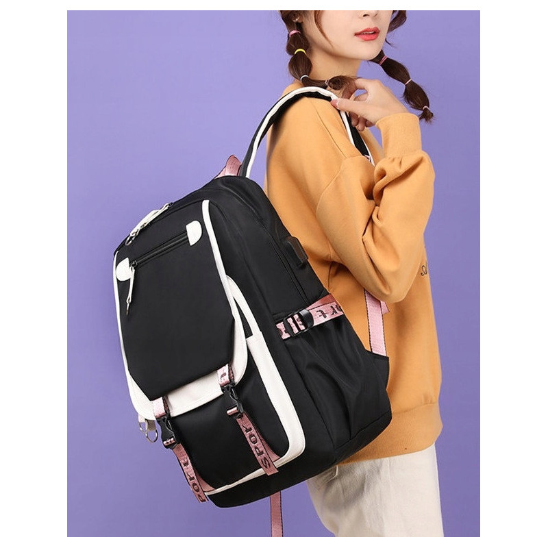 Szkolny Plecak dla Dziewczynki USB Biało-Czarny - 🎒Plecakownia.pl