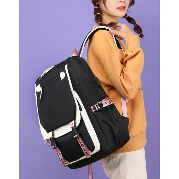 Szkolny Plecak dla Dziewczynki USB Biało-Czarny - 🎒Plecakownia.pl