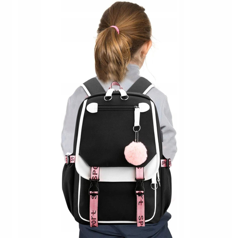 Szkolny Plecak dla Dziewczynki USB Biało-Czarny - 🎒Plecakownia.pl
