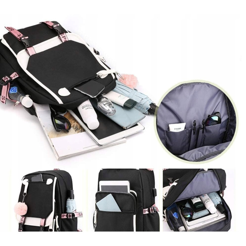 Szkolny Plecak dla Dziewczynki USB Biało-Czarny - 🎒Plecakownia.pl