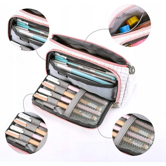 Bardzo Pojemny Biały Piórnik Szkolny w Kratę