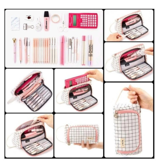 Bardzo Pojemny Biały Piórnik Szkolny w Kratę