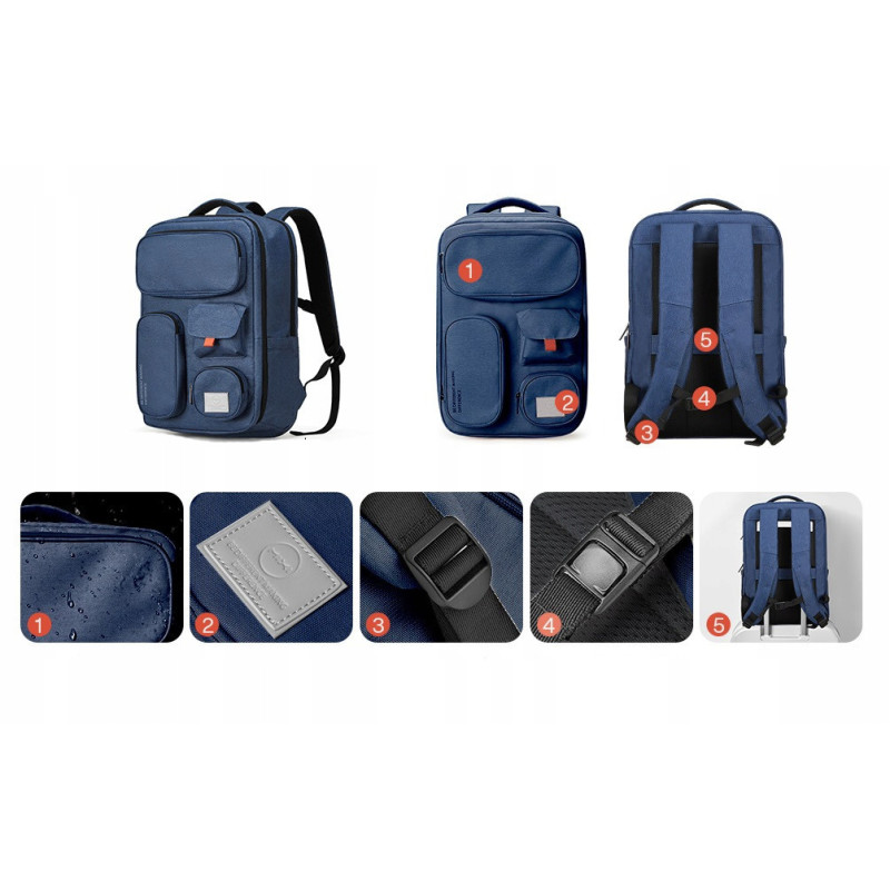 Wodoodporny Podróżny Plecak na Laptopa 15.6" USB Granatowy (T101)