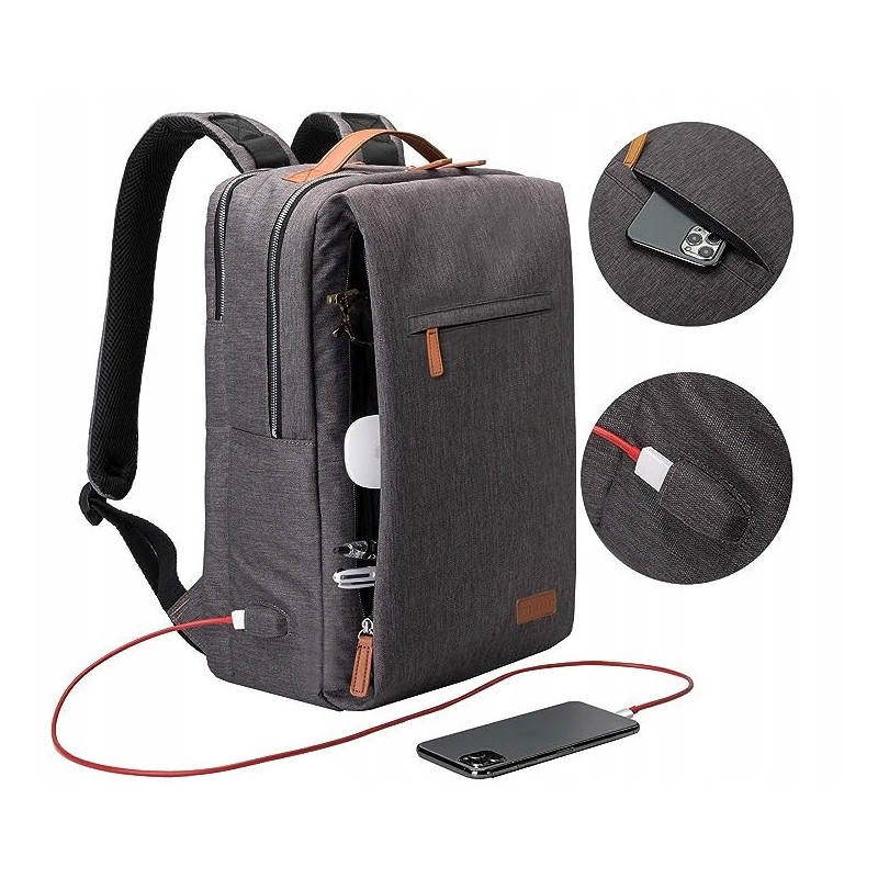 Wodoodporny miejski plecak na laptopa 15,6'' z USB - Szary (T109)