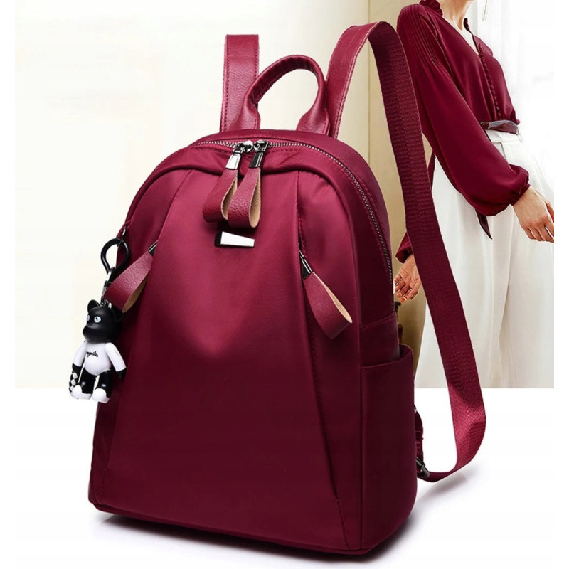 Wodoodporny Plecak Miejski Damski z Brelokiem - Bordowy (T113)