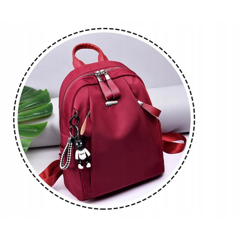 Wodoodporny Plecak Miejski Damski z Brelokiem - Bordowy (T113)