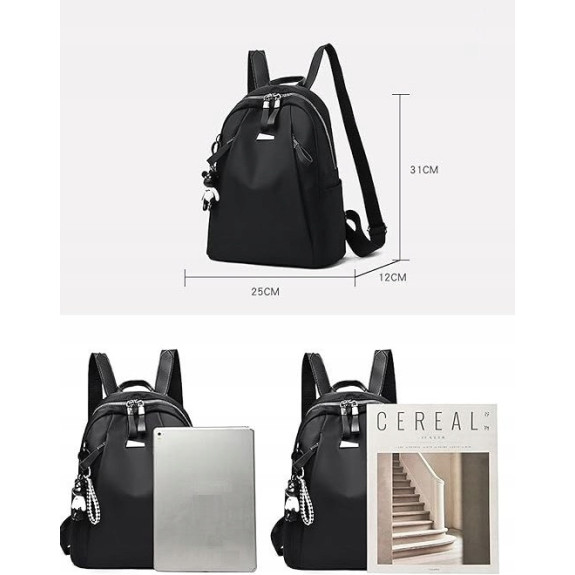 Wodoodporny Plecak Miejski Damski z Brelokiem - Czarny (T113) Wodoodporny Plecak Miejski Damski z Brelokiem - Czarny (T113)