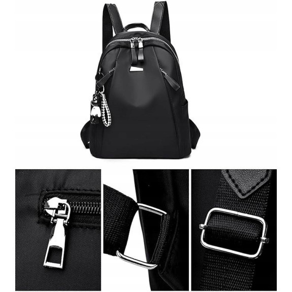 Wodoodporny Plecak Miejski Damski z Brelokiem - Czarny (T113) Wodoodporny Plecak Miejski Damski z Brelokiem - Czarny (T113)