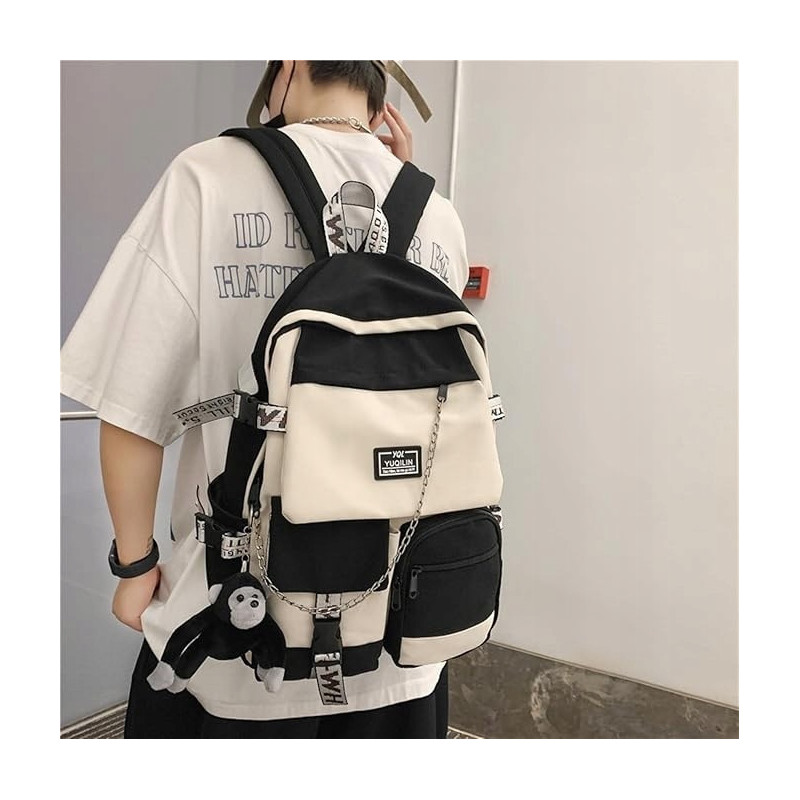 Plecak młodzieżowy szkolny na laptopa, deszczoodporny, czarny-beż + brelok (D075)