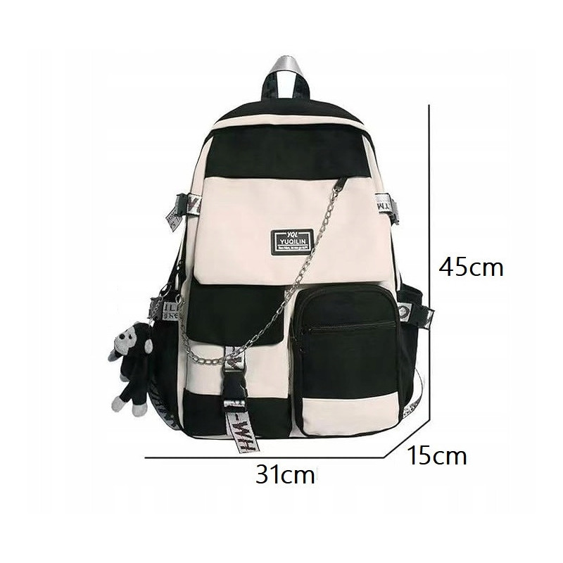 Plecak młodzieżowy szkolny na laptopa, deszczoodporny, czarny-beż + brelok (D075)