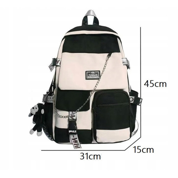 Plecak młodzieżowy szkolny na laptopa, deszczoodporny, czarny-beż + brelok (D075)