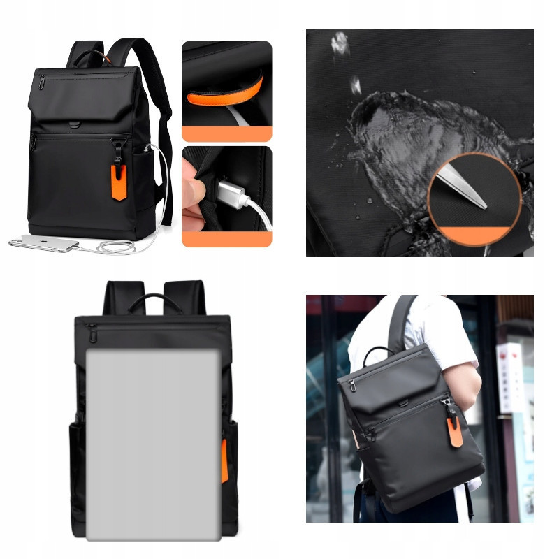 Biznesowy plecak miejski na laptopa 15,6 cala wodoodporny z USB Czarny (PT035)