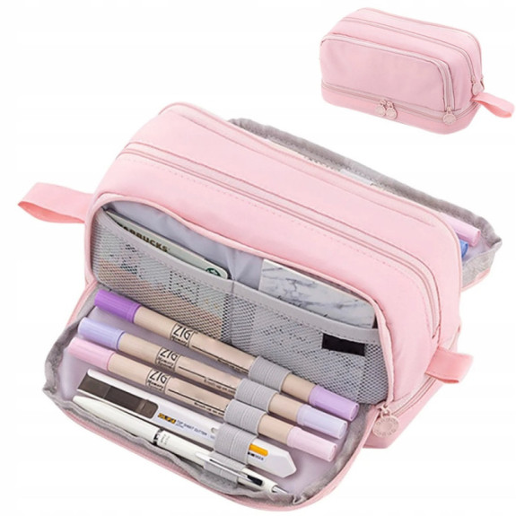 Pojemny piórnik szkolny dla dziewczynki saszetka organizer – Różowy SZ019