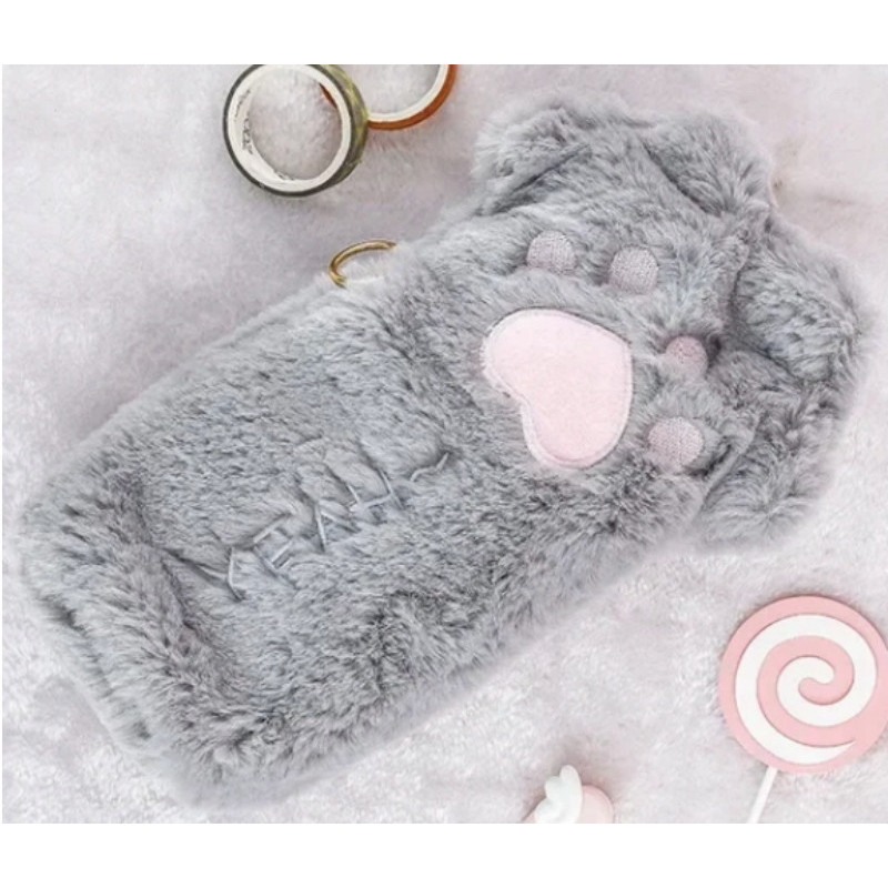 Wesoły piórnik pluszowy łapka kota, kosmetyczka, saszetka SZARY