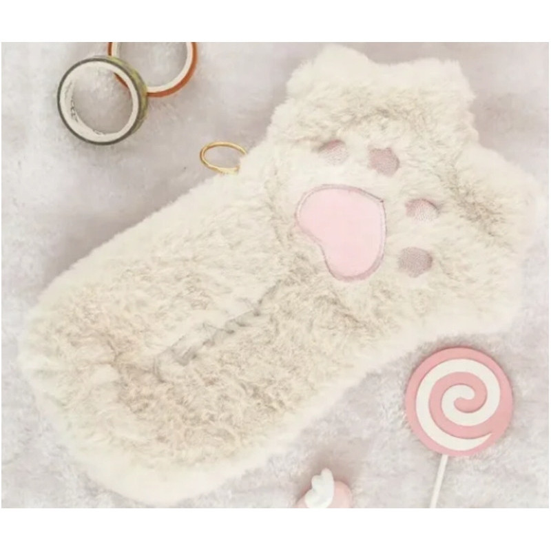 Wesoły piórnik pluszowy łapka kota, kosmetyczka, saszetka Beż SZ005