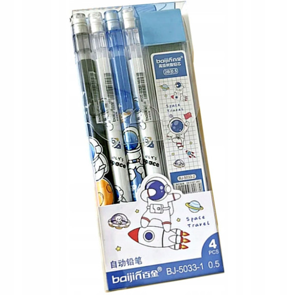 Zestaw 4 ołówki automatyczne z gumką + wkłady Kosmonauta do szkoły SZ018