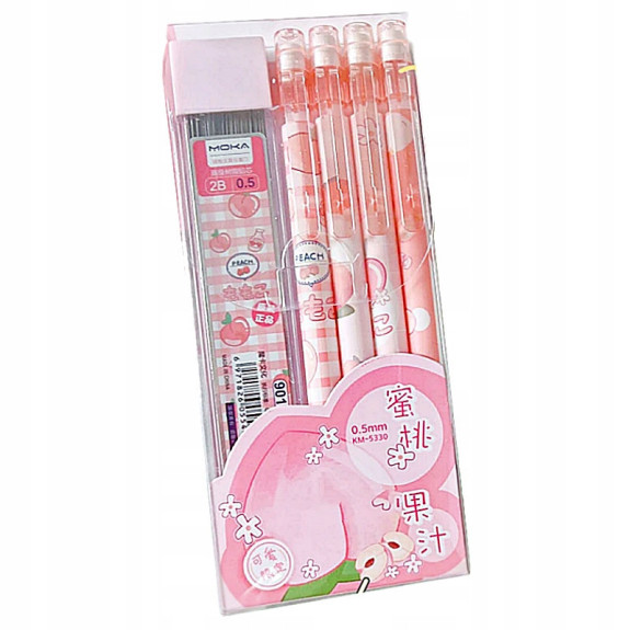 Zestaw 4 ołówki automatyczne z gumką + wkłady Brzoskwinia do szkoły SZ018