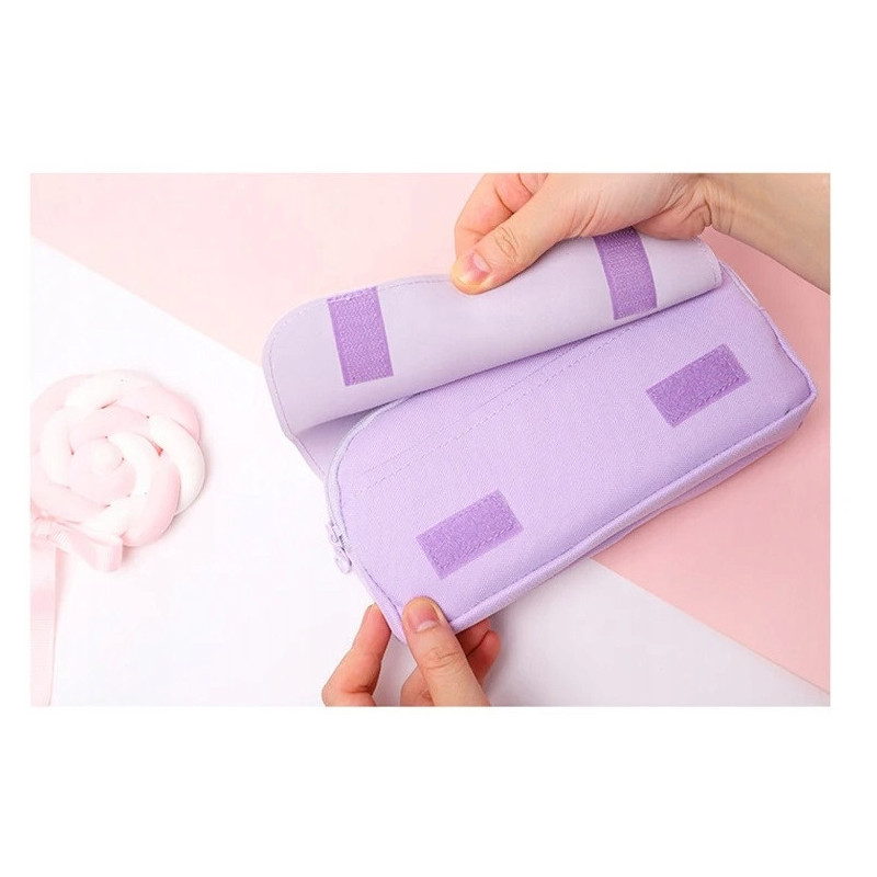 Bardzo Pojemny Piórnik Szkolny - Trzykomorowy z Antystresowym KOTKIEM Fioletowy (C031)