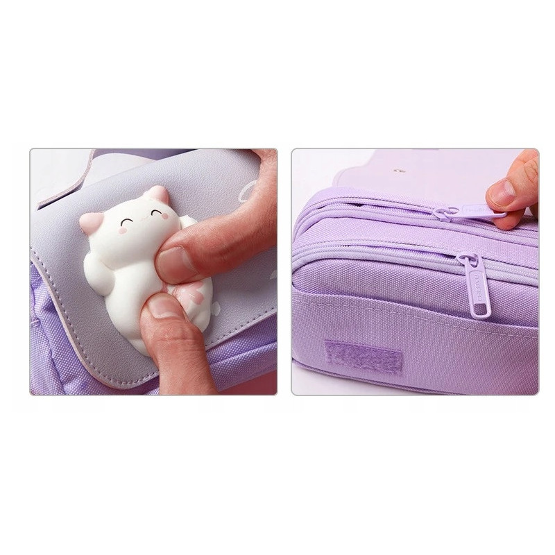 Bardzo Pojemny Piórnik Szkolny - Trzykomorowy z Antystresowym KOTKIEM Fioletowy (C031)