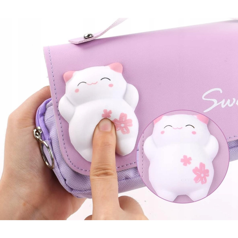 Bardzo Pojemny Piórnik Szkolny - Trzykomorowy z Antystresowym KOTKIEM Fioletowy (C031)