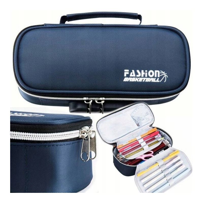 Bardzo Pojemny Piórnik Szkolny z Blokadą Antykradzieżową TSA Granatowy (C043)