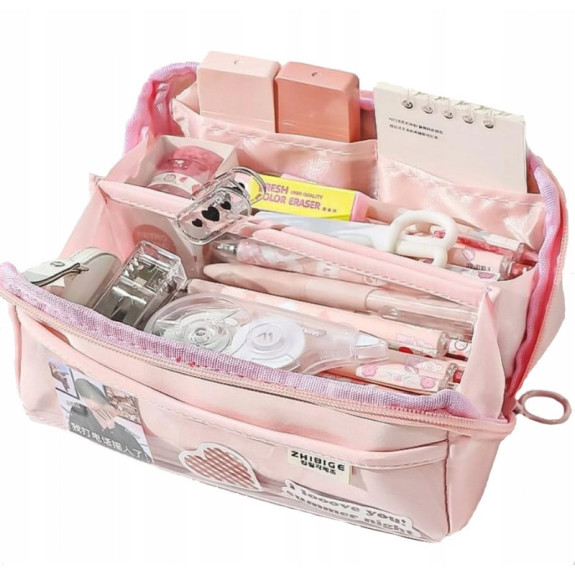 Bardzo solidny i pojemny piórnik / organizer Różowy 3 Kieszenie (C037)