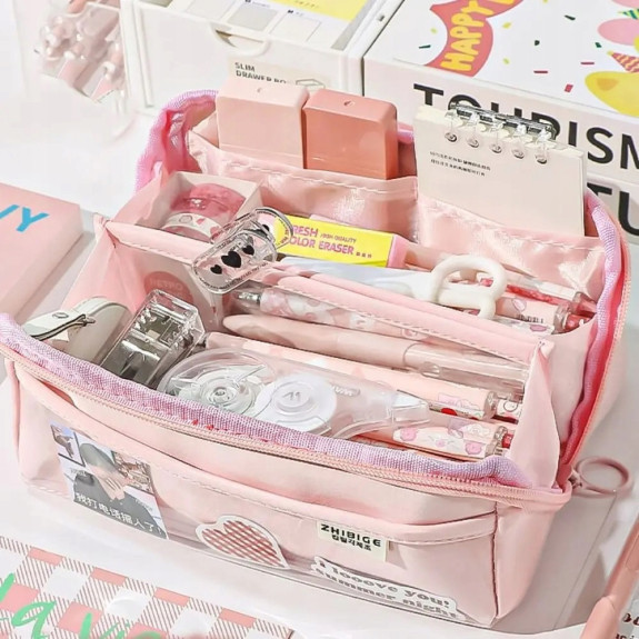 Bardzo solidny i pojemny piórnik / organizer Różowy 3 Kieszenie (C037) 2