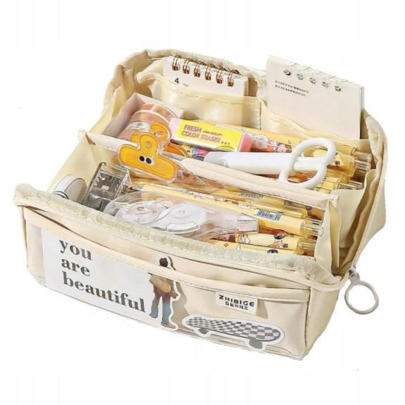 Bardzo solidny i pojemny piórnik / organizer Ecru 3 Kieszenie (C037)