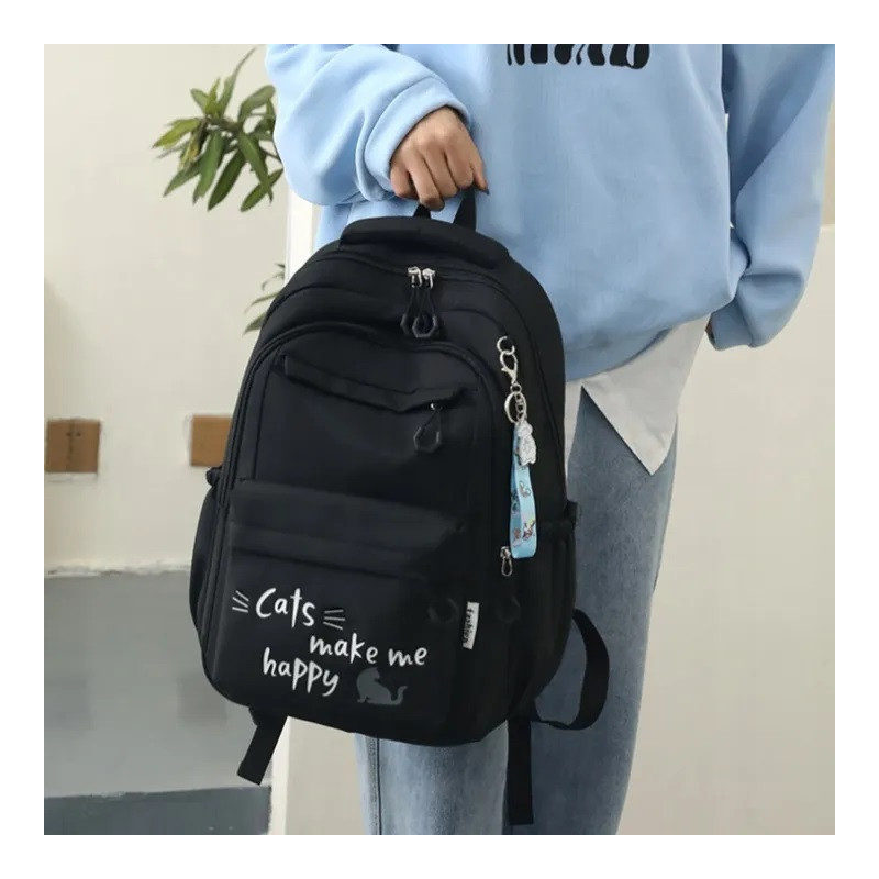 Dziewczęcy plecak szkolny czarny z brelokiem jednorożca deszczoodporny dla klas I-III (D078)