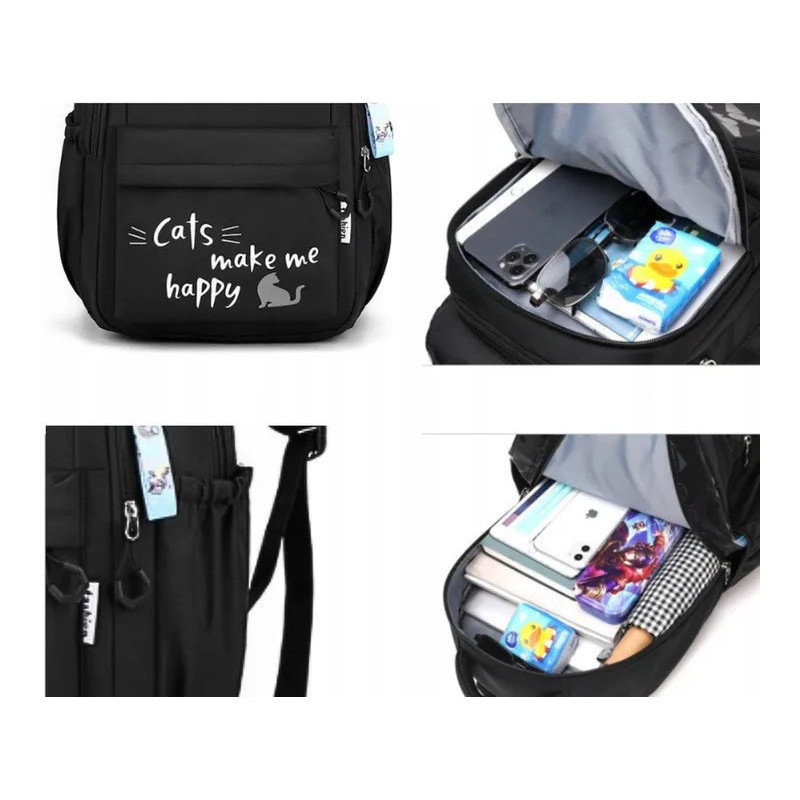 Dziewczęcy plecak szkolny czarny z brelokiem jednorożca deszczoodporny dla klas I-III (D078)