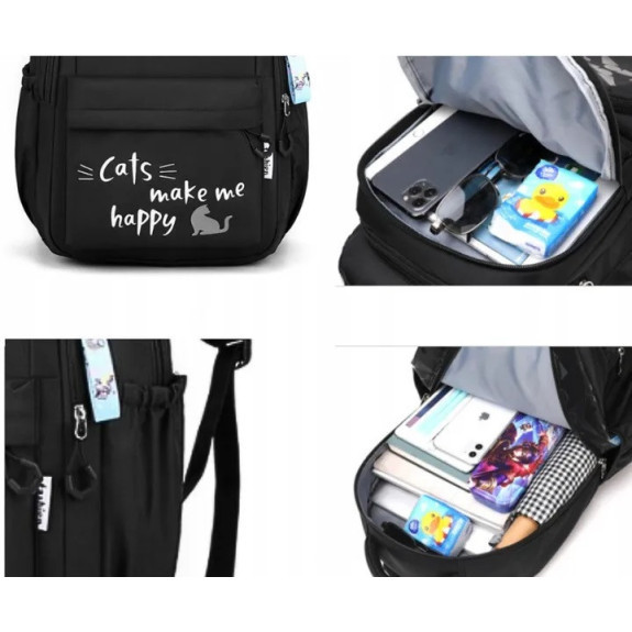 Dziewczęcy plecak szkolny czarny z brelokiem jednorożca deszczoodporny dla klas I-III (D078)