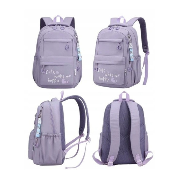 Dziewczęcy plecak szkolny fioletowy z brelokiem jednorożca deszczoodporny dla klas I-III (D078)