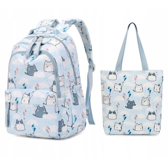 Zestaw szkolny 2w1: Błękitny plecak i torba typu shopper w kotki - zestaw dla młodzieży (D079)