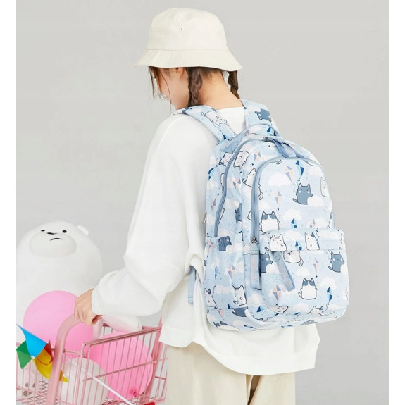 Zestaw szkolny 2w1: B艂臋kitny plecak i torba typu shopper w kotki - zestaw dla m艂odzie偶y (D079) 2