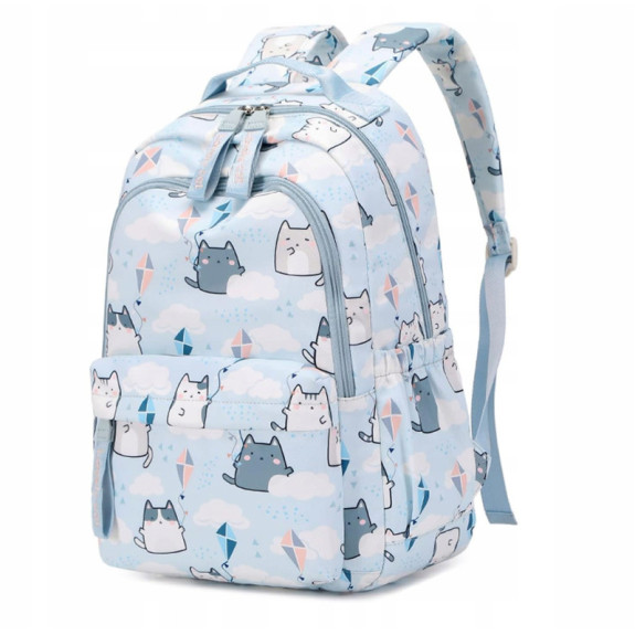 Zestaw szkolny 2w1: Błękitny plecak i torba typu shopper w kotki - zestaw dla młodzieży (D079)