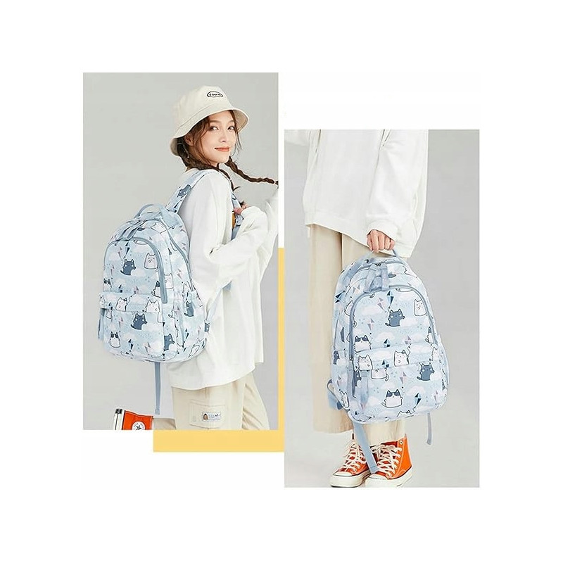 Zestaw szkolny 2w1: Błękitny plecak i torba typu shopper w kotki - zestaw dla młodzieży (D079)