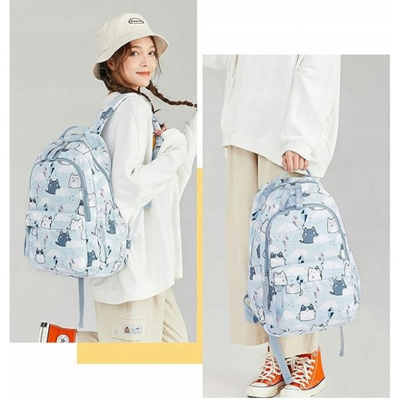 Zestaw szkolny 2w1: Błękitny plecak i torba typu shopper w kotki - zestaw dla młodzieży (D079)