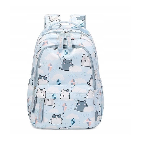 Zestaw szkolny 2w1: Błękitny plecak i torba typu shopper w kotki - zestaw dla młodzieży (D079)