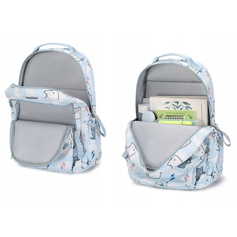 Zestaw szkolny 2w1: Błękitny plecak i torba typu shopper w kotki - zestaw dla młodzieży (D079)