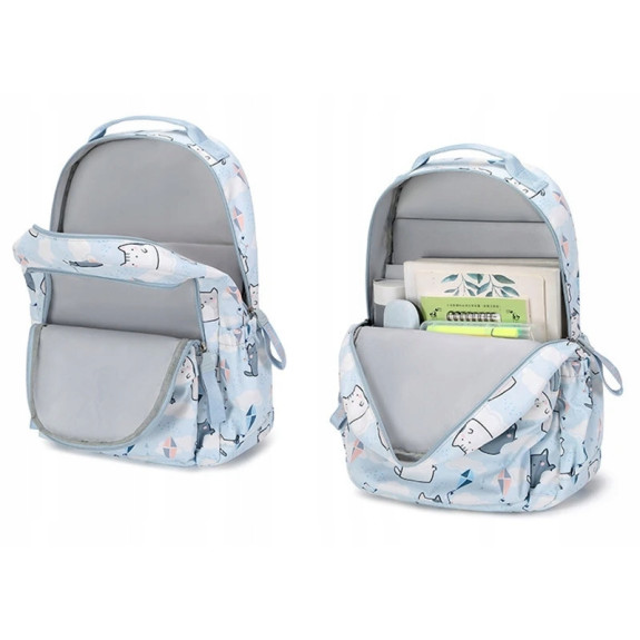 Zestaw szkolny 2w1: Błękitny plecak i torba typu shopper w kotki - zestaw dla młodzieży (D079)