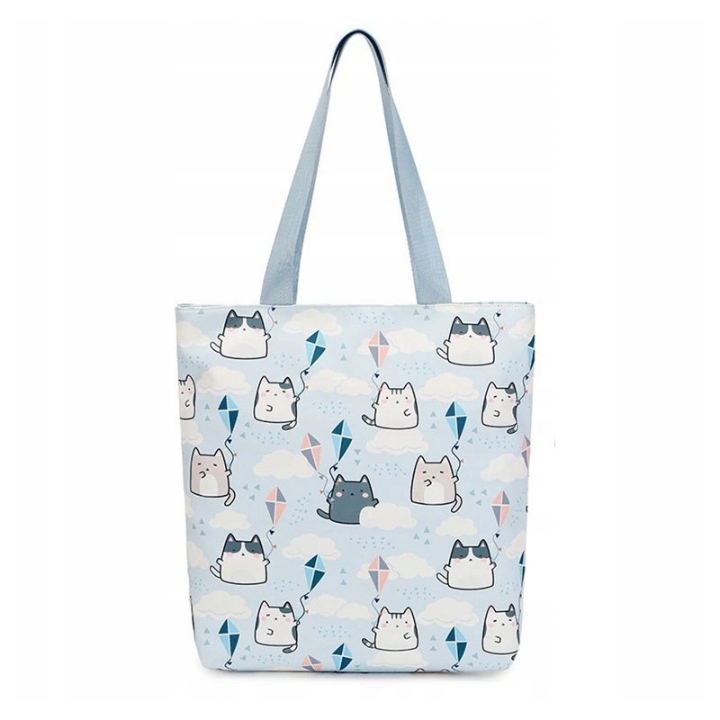 Zestaw szkolny 2w1: Błękitny plecak i torba typu shopper w kotki - zestaw dla młodzieży (D079)