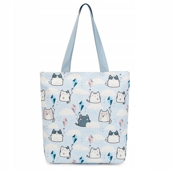 Zestaw szkolny 2w1: Błękitny plecak i torba typu shopper w kotki - zestaw dla młodzieży (D079)